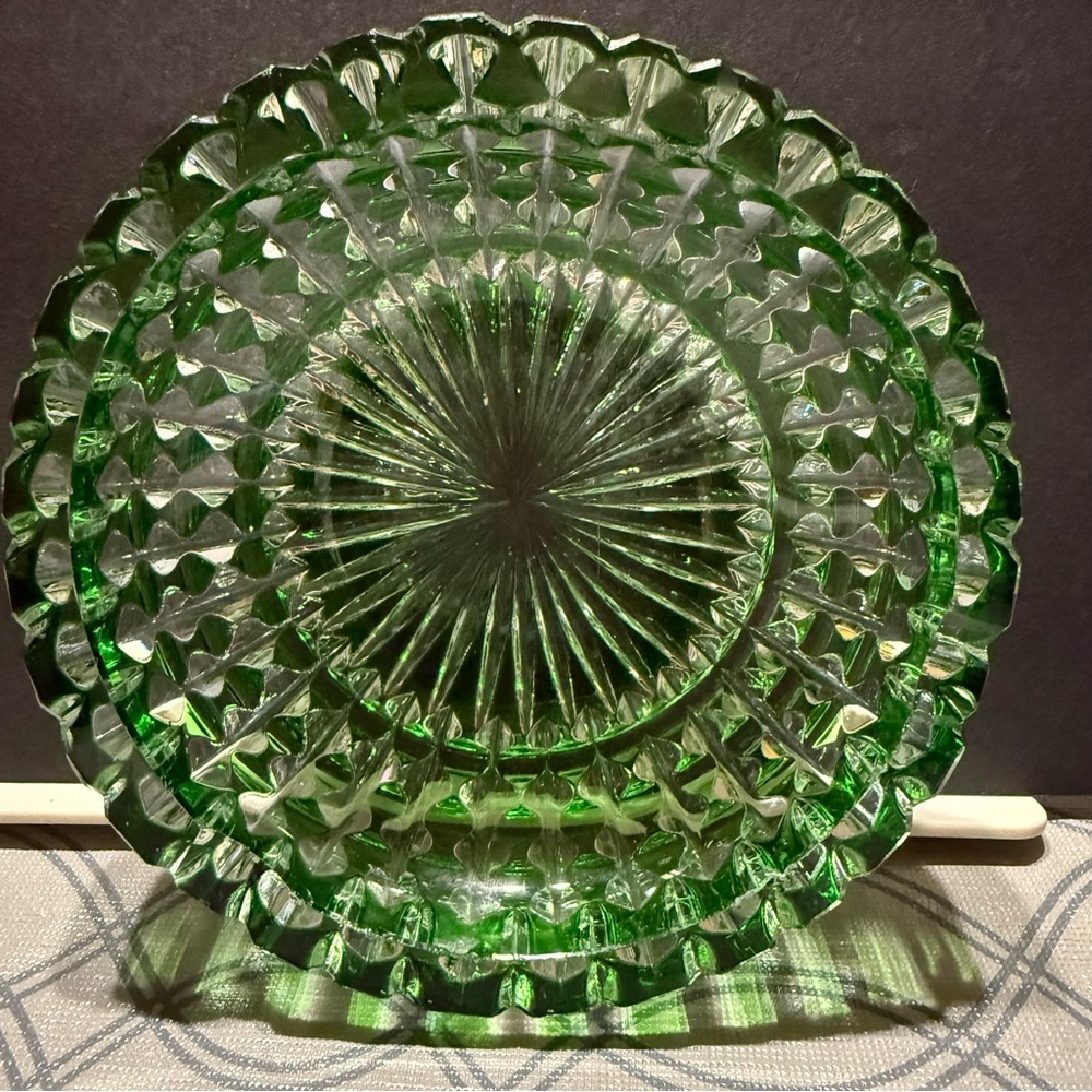 Vintage Czech Bohemian
 Green Cut to Clear Glass Ashtray